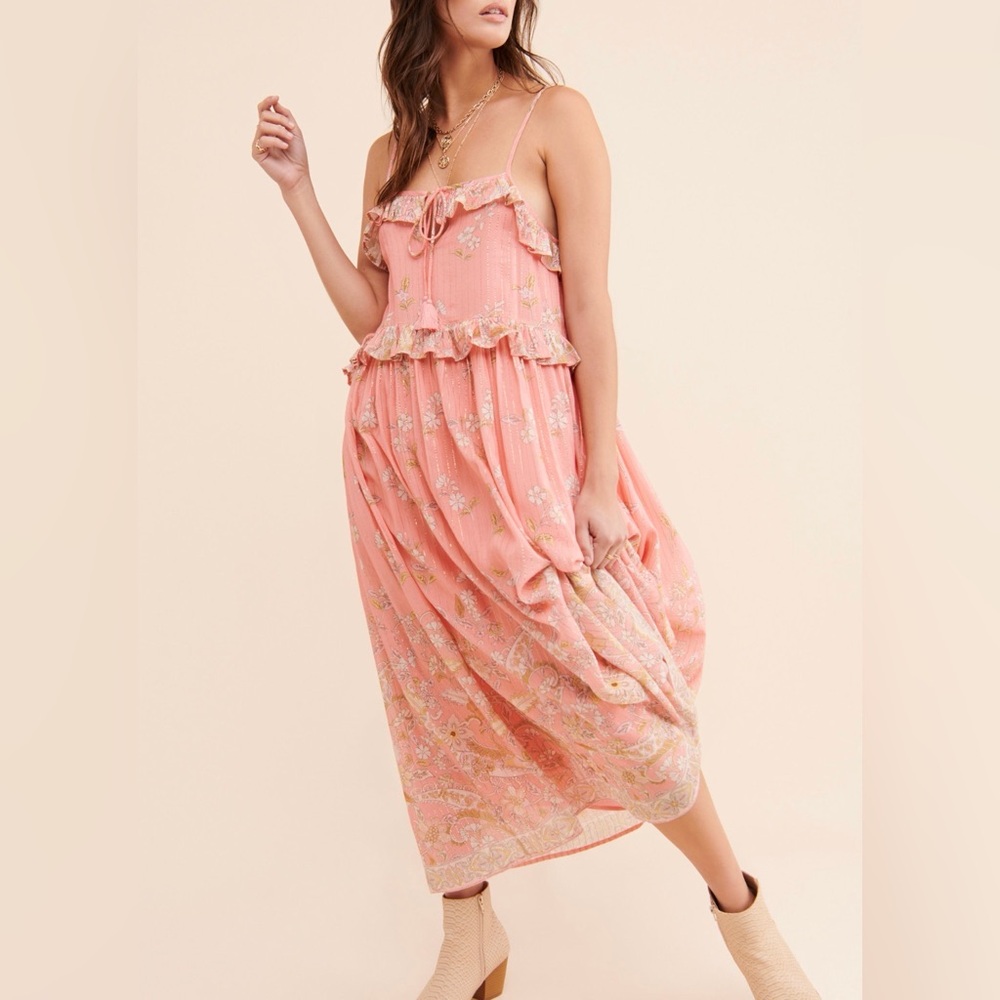 Spell Coral-Peach Floral Ruffle Maxi Dress